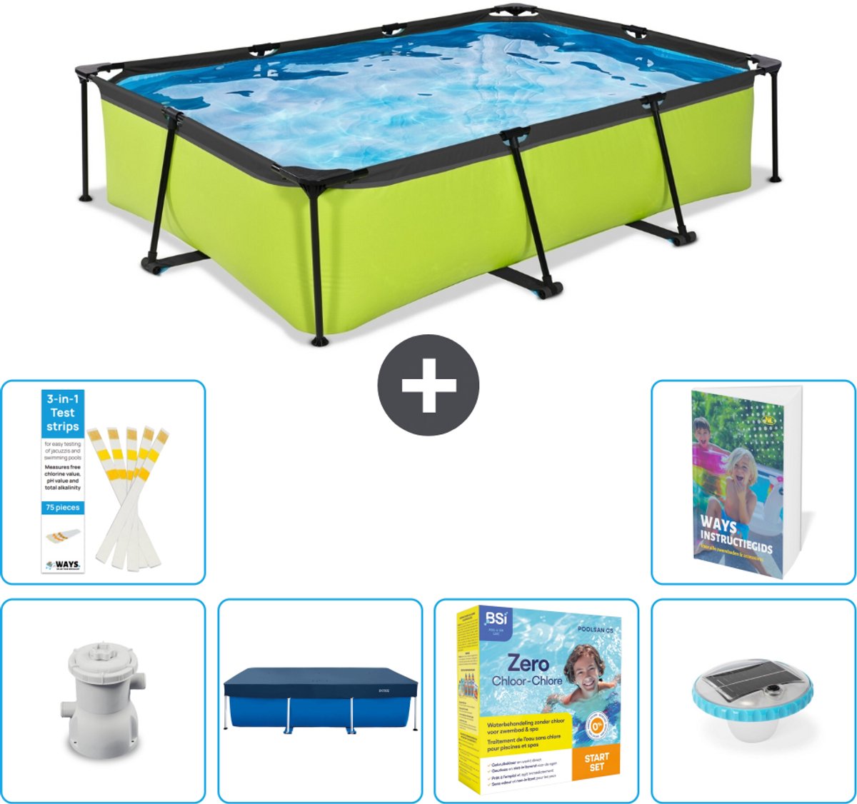 EXIT Rechthoekig Lime Frame Zwembad - 300 x 200 x 65 cm - Inclusief Pomp - Afdekzeil - Onderhoudspakket - Verlichting - 7-delig