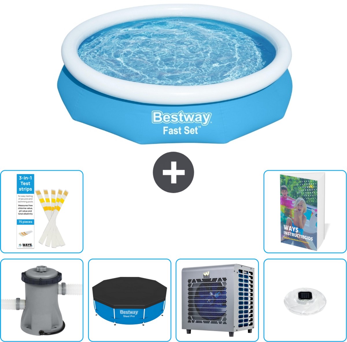 Bestway Rond Opblaasbaar Fast Set Zwembad - 305 x 66 cm - Blauw - Inclusief Pomp - Afdekzeil - Warmtepomp - Verlichting - 7-delig