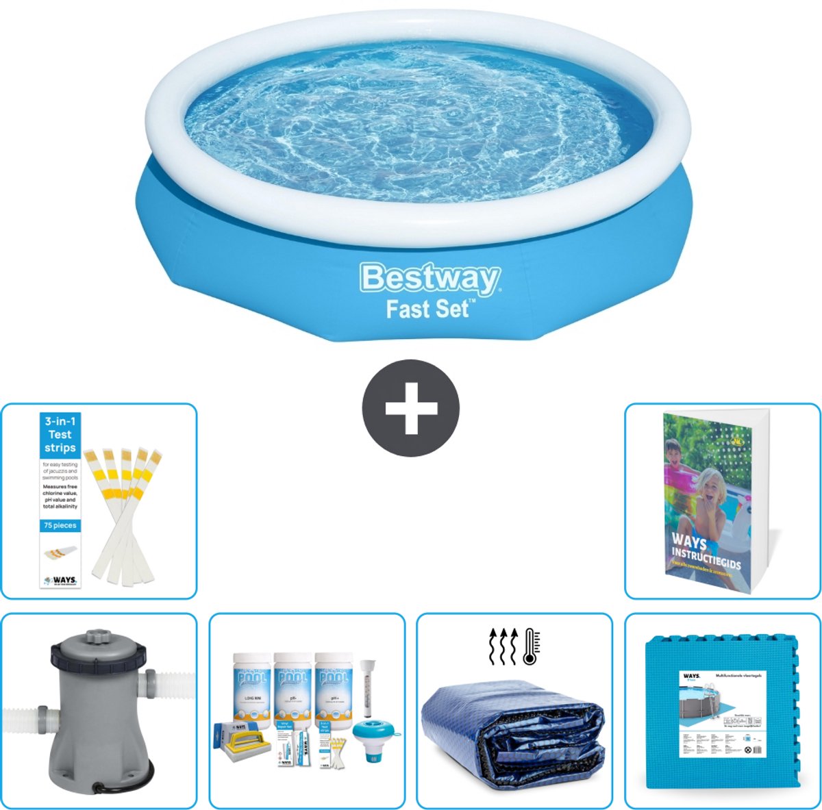 Bestway Rond Opblaasbaar Fast Set Zwembad - 305 x 66 cm - Blauw - Inclusief Pomp - Onderhoudspakket - Solarzeil - Vloertegels - 7-delig