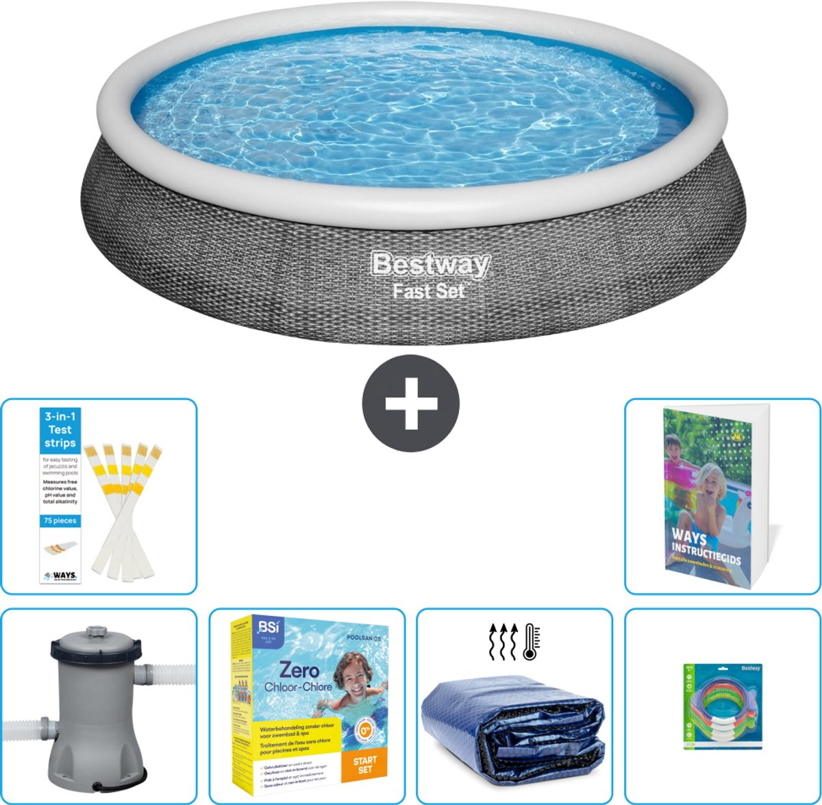 Bestway Rond Opblaasbaar Fast Set Zwembad - Rotanprint - 396 x 84 cm - Inclusief Pomp - Onderhoudspakket - Solarzeil - Speelgoed - 7-delig