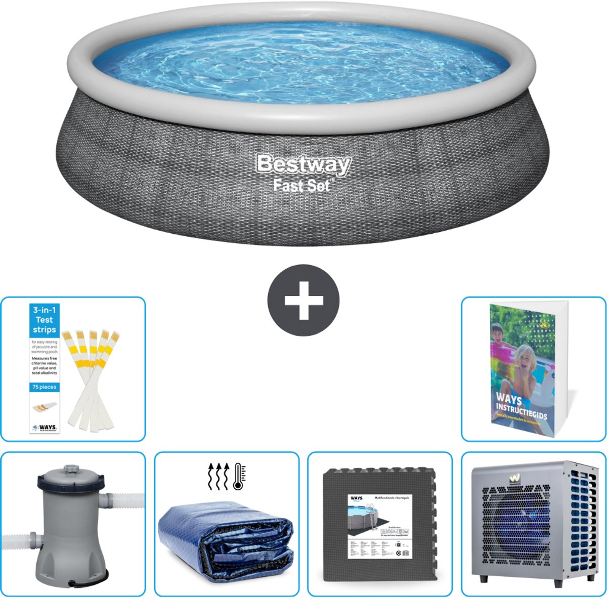 Bestway Rond Opblaasbaar Fast Set Zwembad - Rotanprint - 457 x 84 cm - Inclusief Pomp - Solarzeil - Vloertegels - Warmtepomp - 7-delig