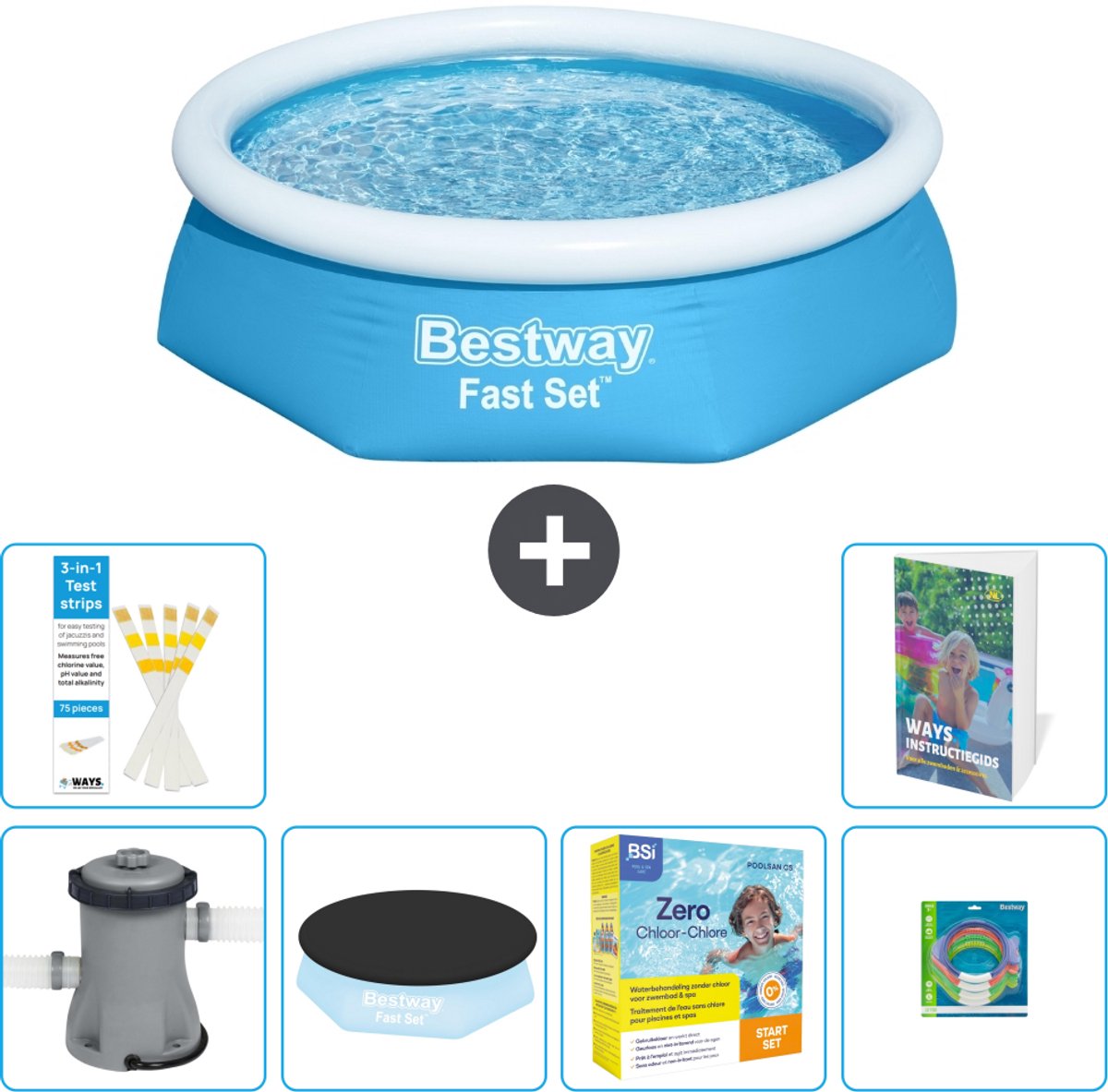 Bestway Rond Opblaasbaar Fast Set Zwembad - 244 x 61 cm - Blauw - Inclusief Pomp - Afdekzeil - Onderhoudspakket - Speelgoed - 7-delig