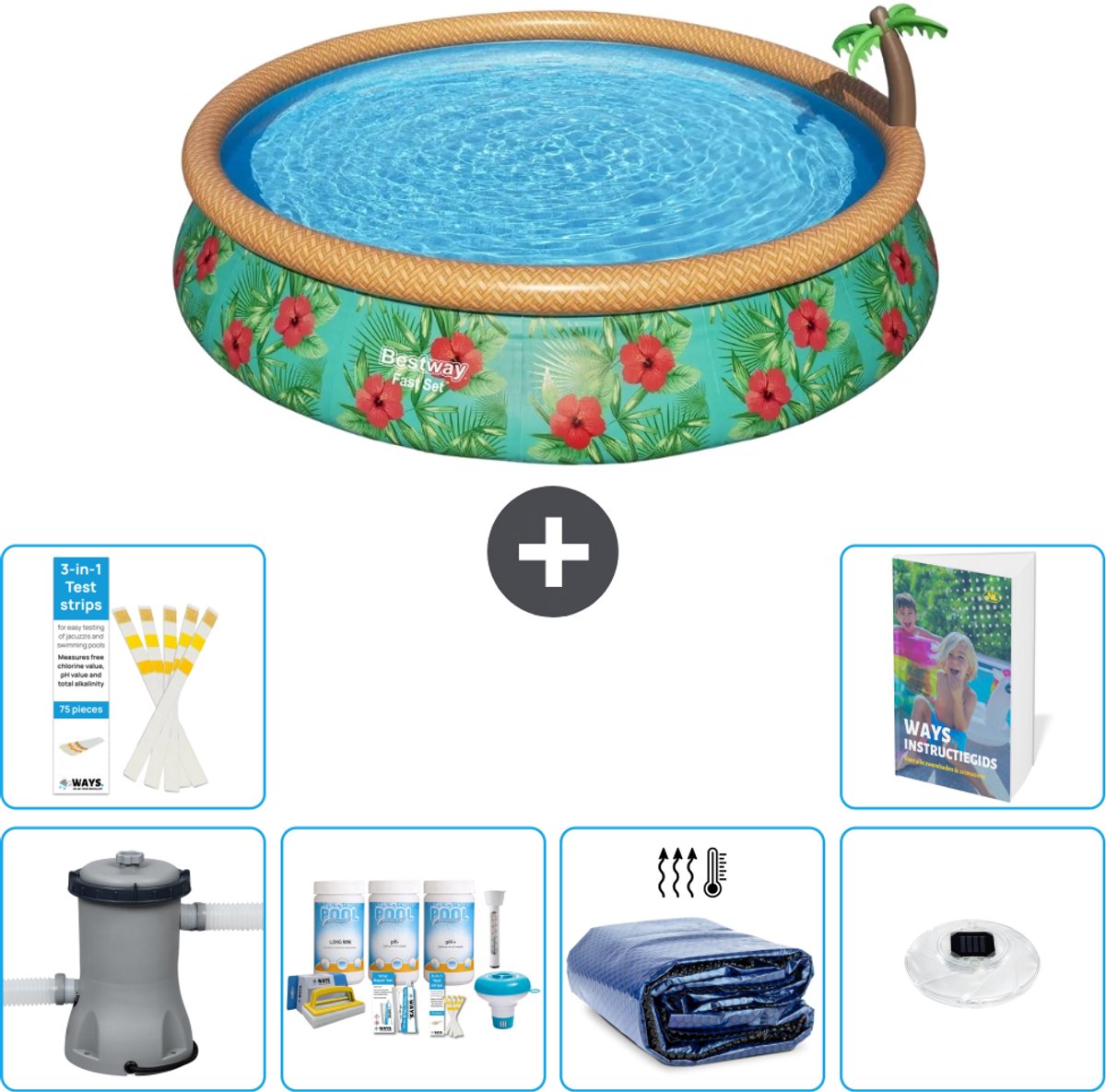 Bestway Rond Opblaasbaar Fast Set Zwembad - Paradijsprint - 457 x 84 cm - Inclusief Pomp - Onderhoudspakket - Solarzeil - Verlichting - 7-delig
