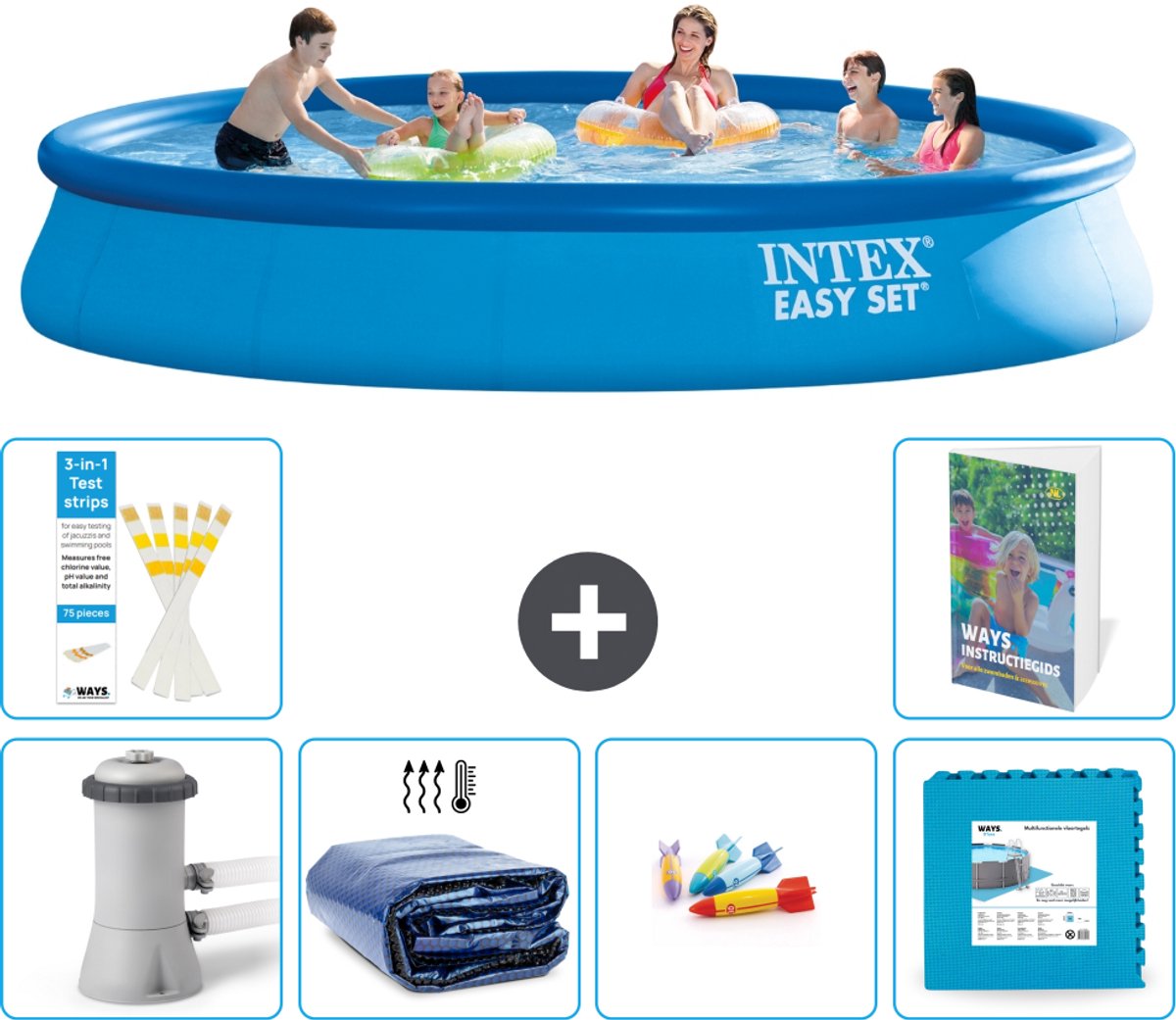 Intex Rond Opblaasbaar Easy Set Zwembad - 457 x 84 cm - Blauw - Inclusief Pomp - Solarzeil - Speelgoed - Vloertegels - 7-delig