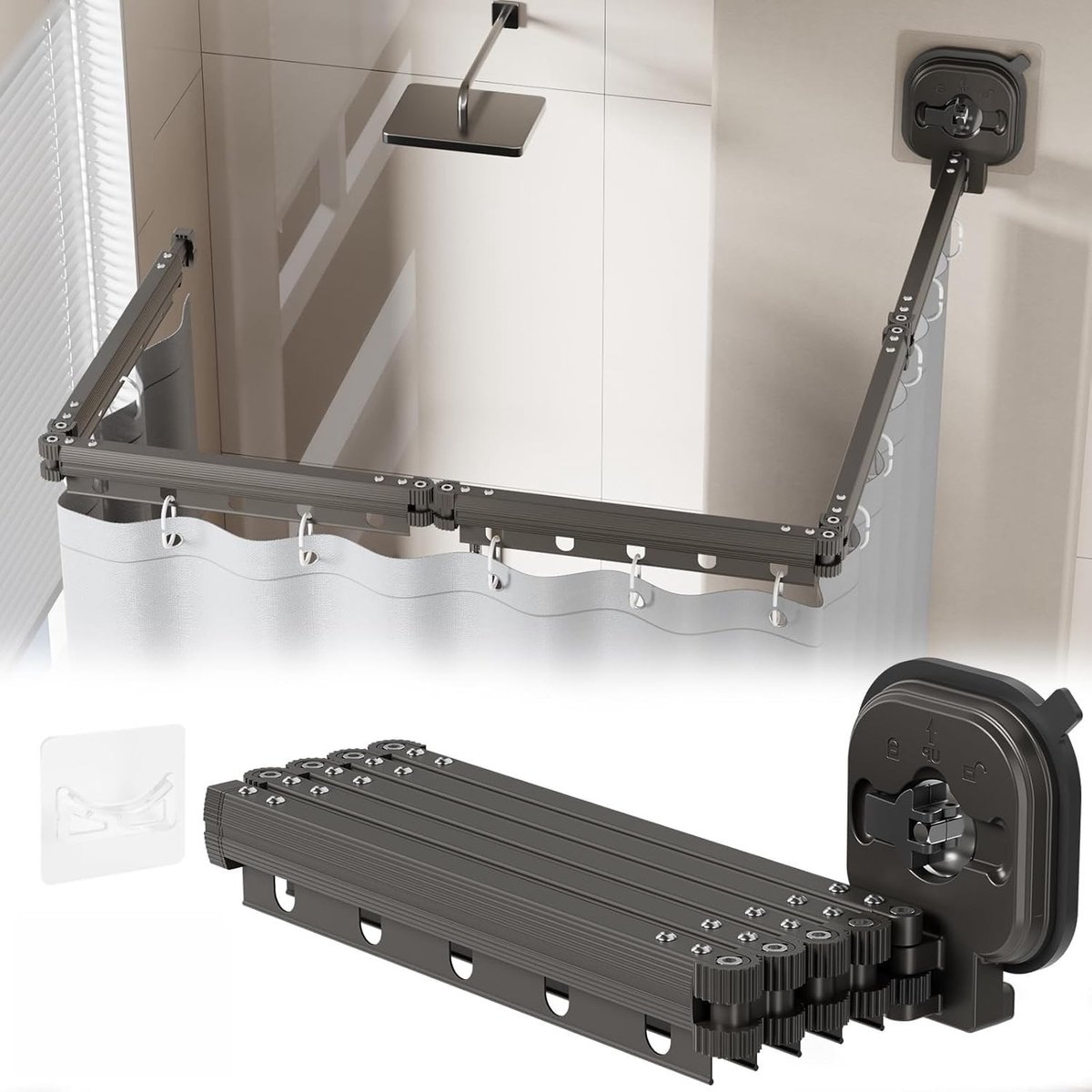 Vijfvoudige opvouwbare douchegordijnstang met accessoires voor badkamer, slaapkamer en balkon, inclusief zuignap en aluminiumlegering.