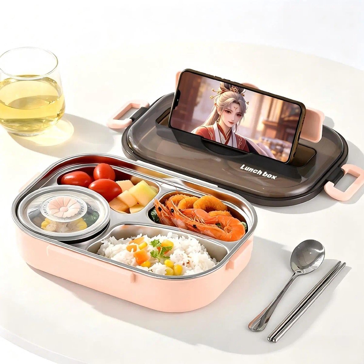 SnelShoppen - Bento Box 1.3L met 4 Compartimenten, Draagbare Lunchdoos, Goede Sluiting, Lichtgewicht Voedselcontainer met Bestek en Soepkom (Roze)
