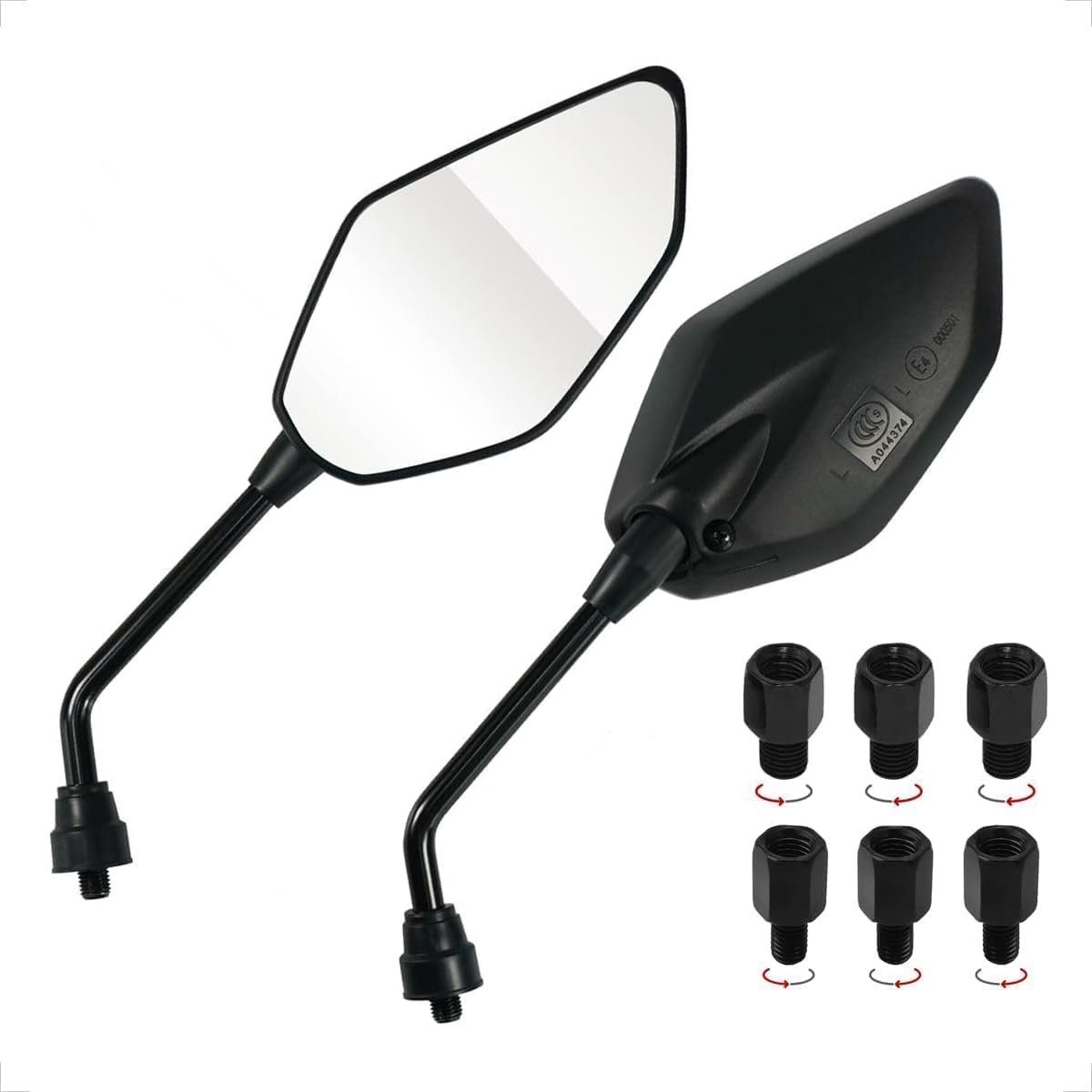 Achteruitkijkspiegel voor motorfiets, scooter, universele zijspiegel, E-goedgekeurd, spiegel E4, 1 x M10 schroefdraad rechts + 1 x M10 schroefdraad links, 2 x M8 schroefdraad rechts + 1 x M8