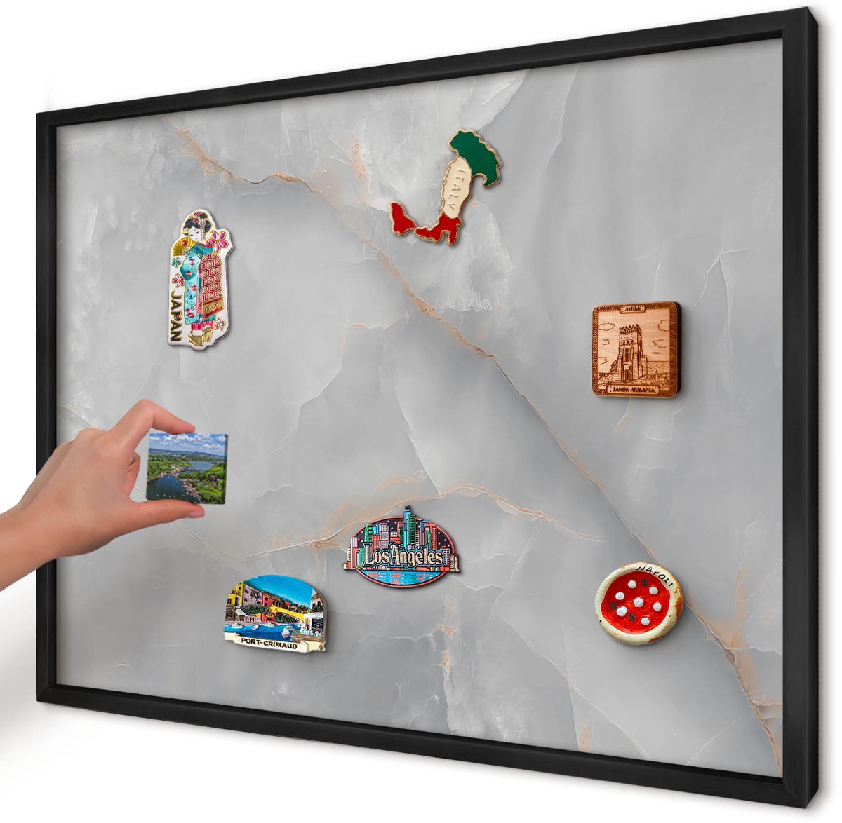 Artprintcave Grijs Magneetbord mit Zwart Frame - 70x50 cm - Grijze Aderen Magnetisch Bord - Minimalist Magneet Bord mit Frame - Texturen
