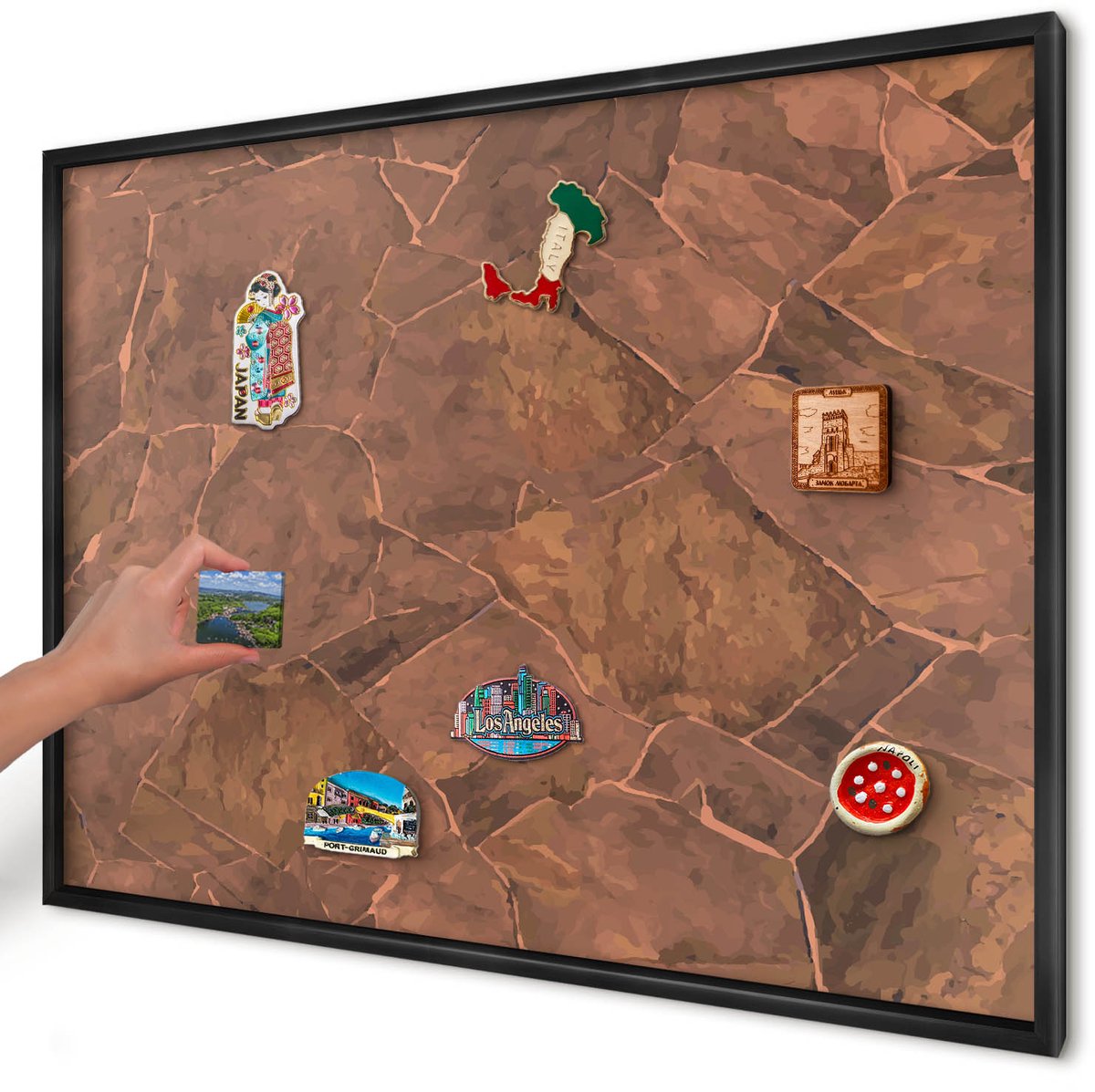 Artprintcave Bruin Magneetbord mit Zwart Frame - 100x70 cm - Stenen Constructie Magneetbord Voor Foto's - Rustiek Magneet Bord mit Frame - Texturen