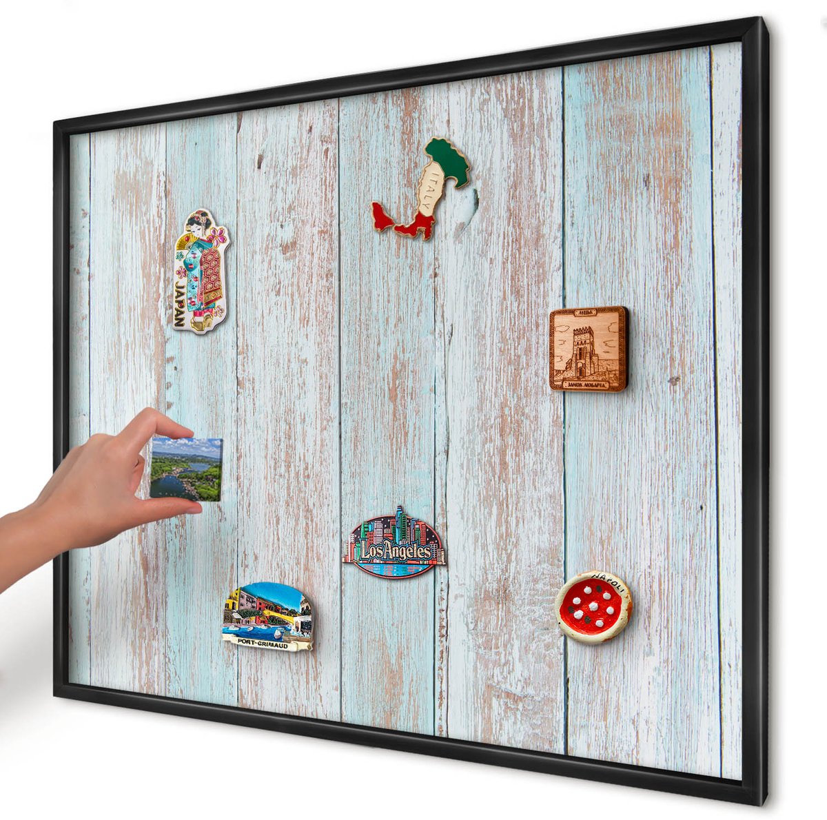 Artprintcave Blauw Magneetbord mit Zwart Frame - 80x60 cm - Rustieke Planken Magnetische Organizer - Rustiek Bord Voor Magneten - Texturen