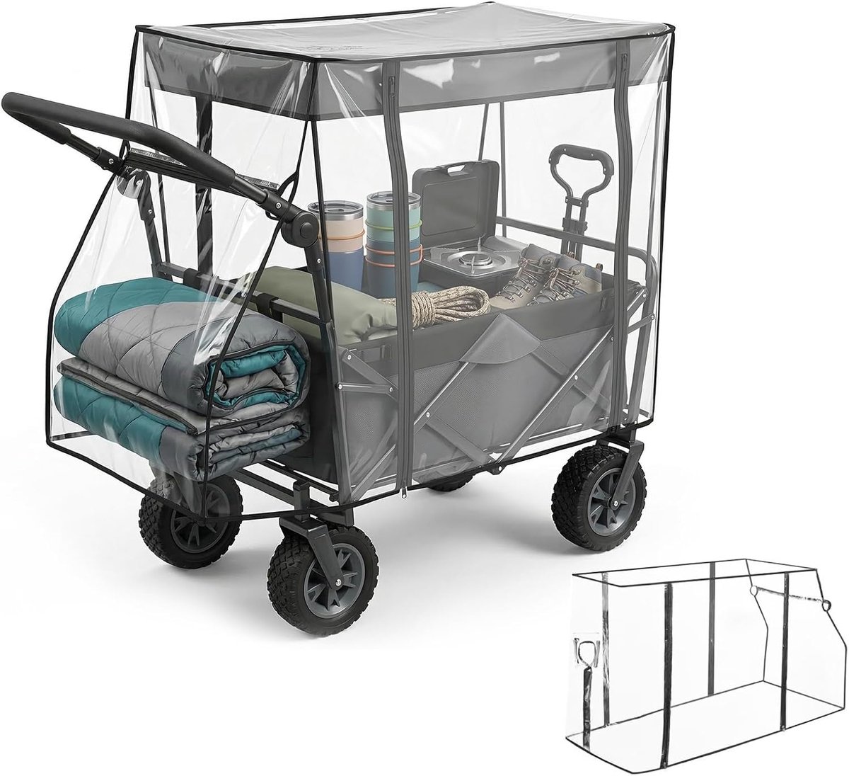 Universele regenbescherming voor bolderkar, 115 x 51 x 75 cm, regenhoes met ritssluiting, transparant, opvouwbare regenhoes, accessoire voor handkar en campingwagen