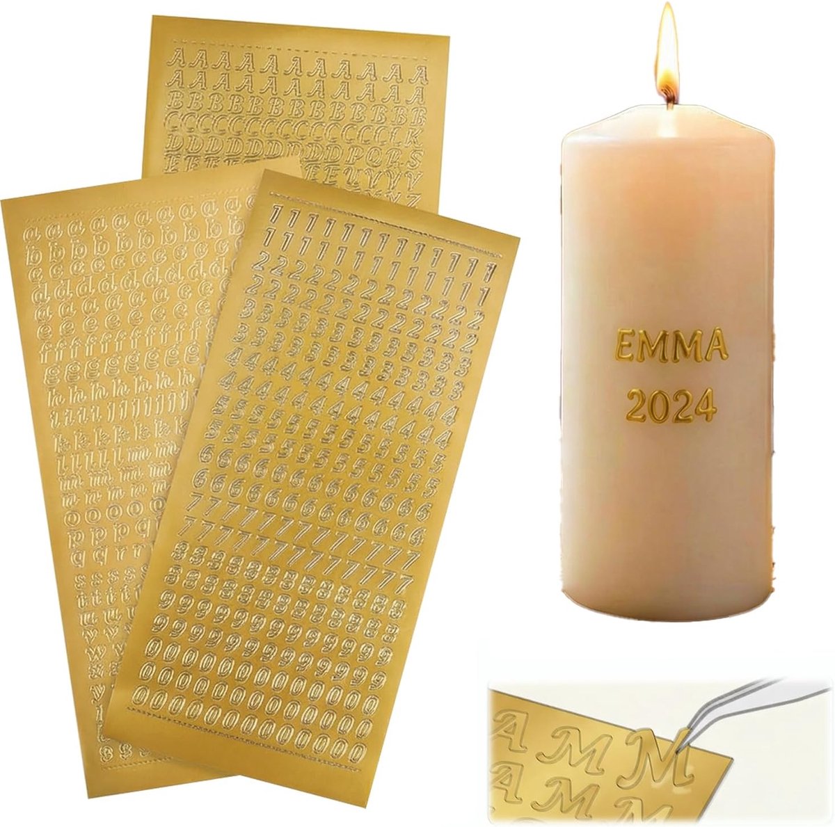 3 stuks wasplaten voor kaarsen, gouden en zilveren letterstickers met pincet voor doe-het-zelf doop en communie kaars decoratie