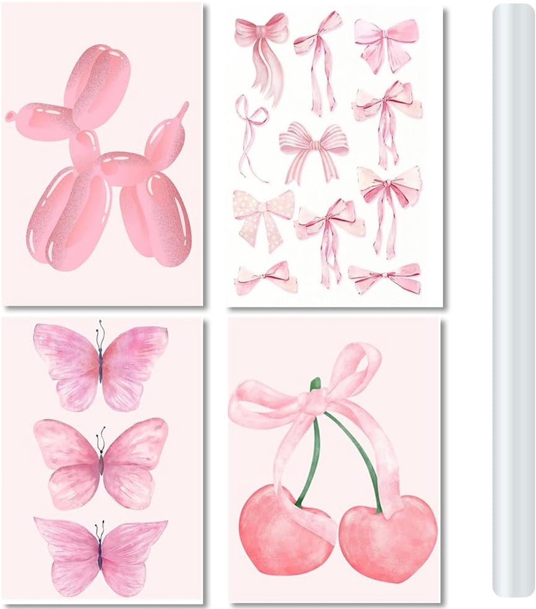 SnelShoppen - 4 Stuks Muurdecoratie voor Meisjeskamer, Roze Kinderkamer Posters A4, Schilderijen voor Slaapkamer Kinderen, 21 x 30 cm zonder Lijst