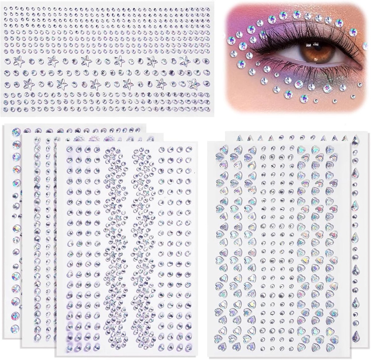 1642 stuks zelfklevende gezichts- en oogstrassstenen – 6 ontwerpen voor haar & lichaam; om op te plakken voor damesmake-up, nagelkunst, DIY-knutselwerk & festivaldecoraties