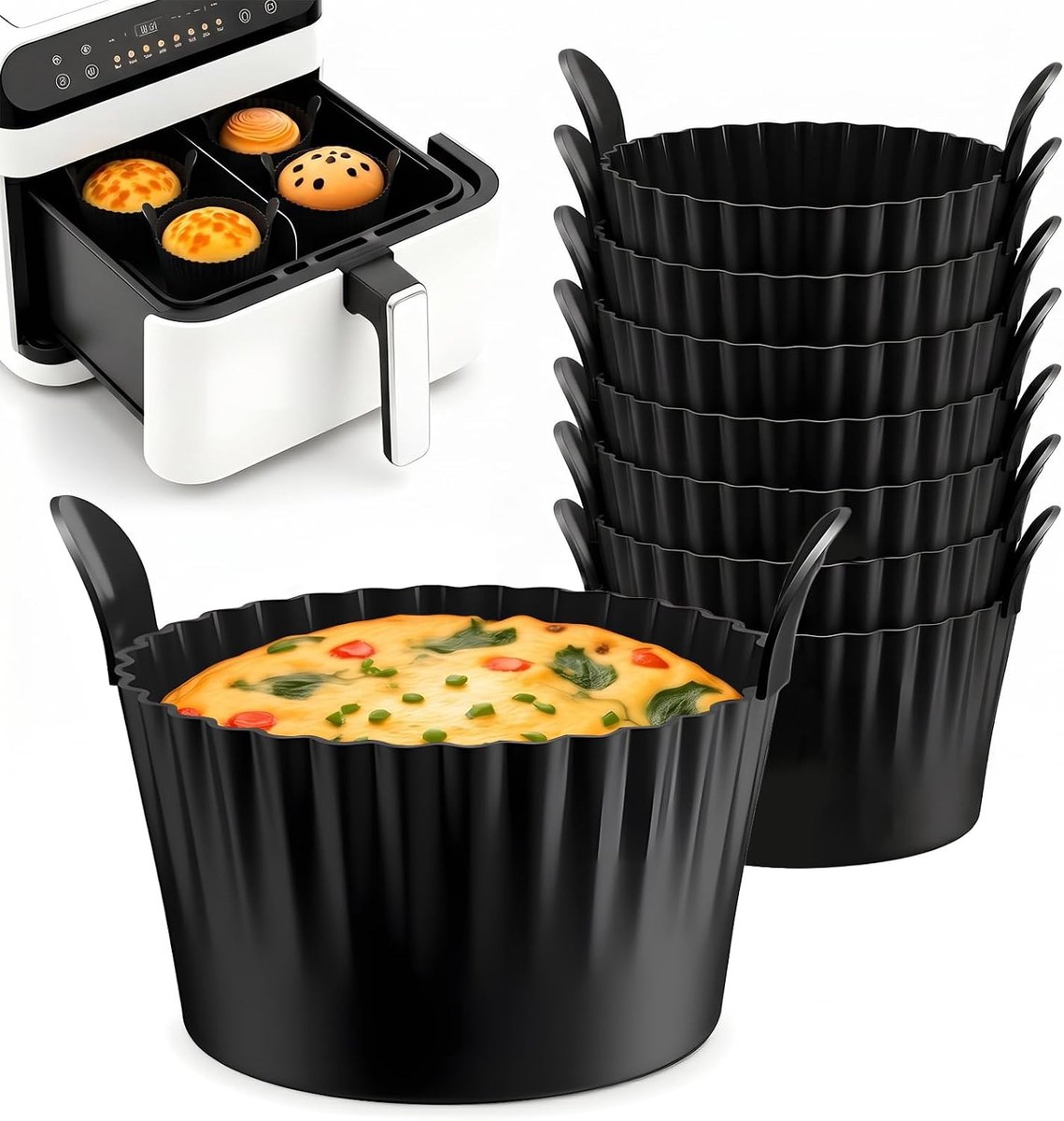 Siliconen muffinvormpjes 8-delig - met handgrepen - antiaanbaklaag - ideaal voor heteluchtfriteuse - SnelShoppen