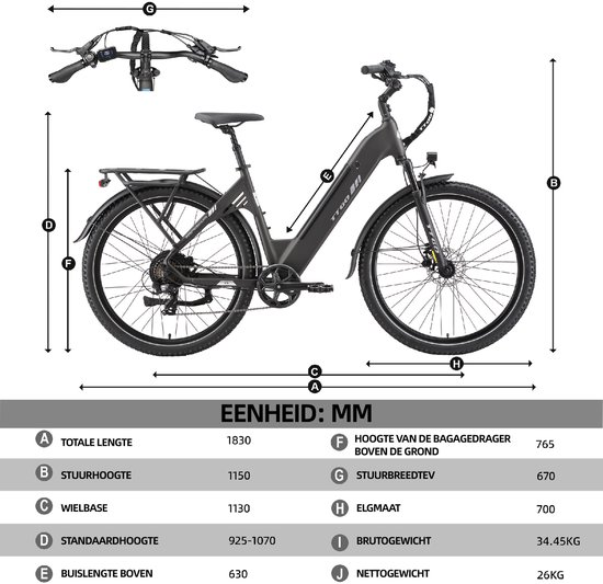 Afmetingen van een grijze TTGO C5 e-bike: totale lengte 1830 mm, stuurhoogte 1150 mm, wielbasis 1130 mm.