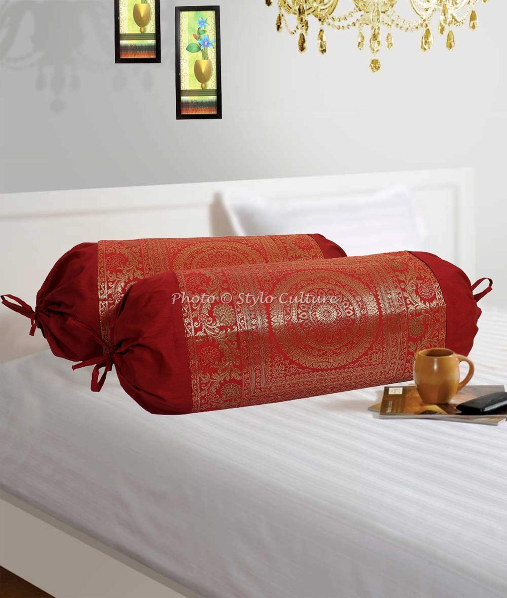 Omgoods - Set van 2 Maroon Jacquard Bolster Kussenhoezen 30 x 15 inch