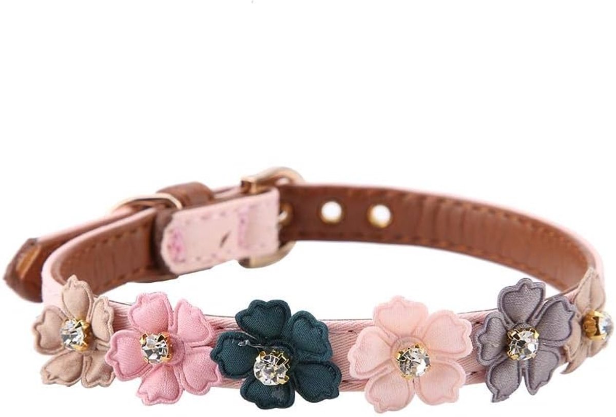 SnelShoppen - Hondenhalsband met Diamanten Bloem - Verstelbare PU Leren Hondenhalsband voor Dieren - 1,2 * 42cm - Roze - Ideaal voor Feestjes en Dagel