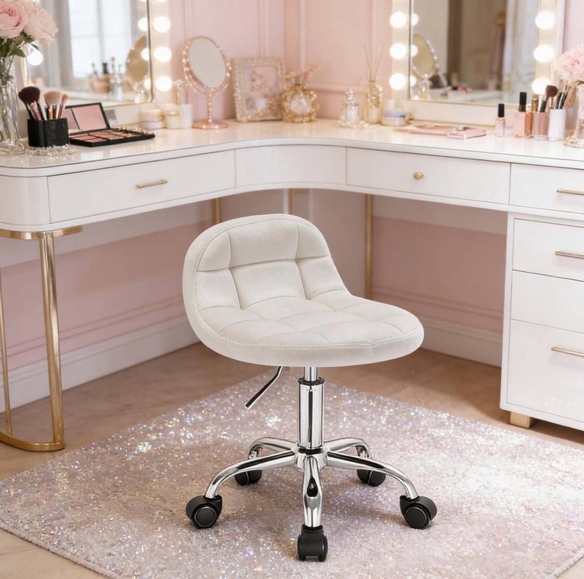 COVREO Bureaustoel, cream white, velvet, met wielen, verstelbaar in hoogte
