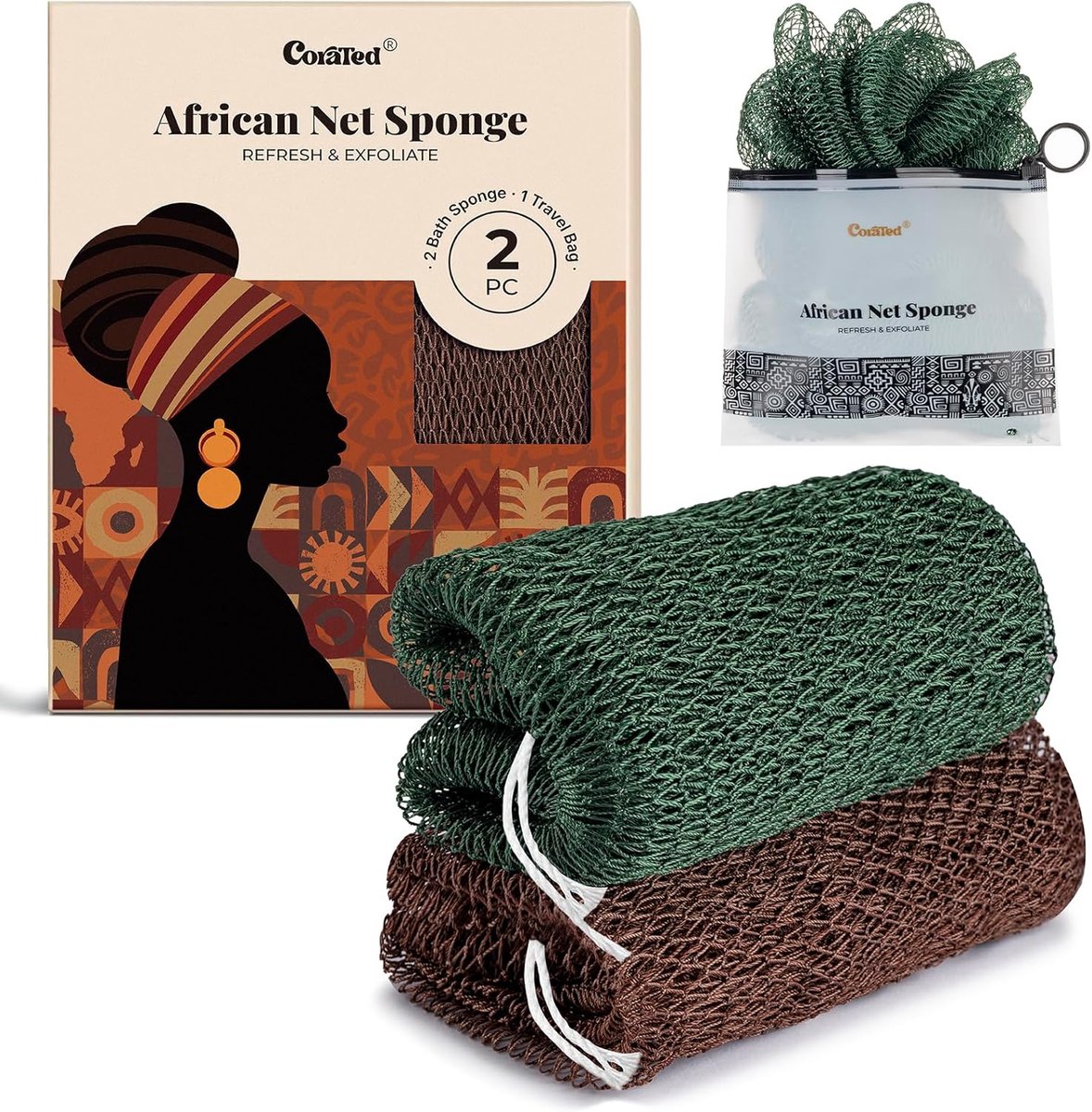 SnelShoppen - 2 Stuks Afrikaanse Net Spons, Exfoliërende Bad Sponsen, Rug Exfoliator, Schoonheidsreiniging voor Douche en Spa (Bruin & Donkergroen) |
