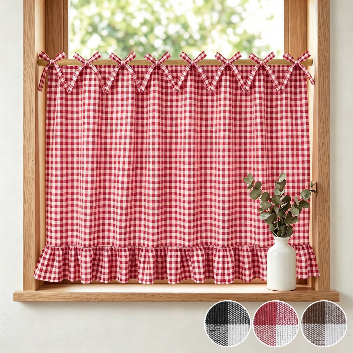 Qelus Kort Gordijn met Strikbanden - Buffalo Ruit met Ruche - 77 x 55 cm - Rood - 1 Stuk