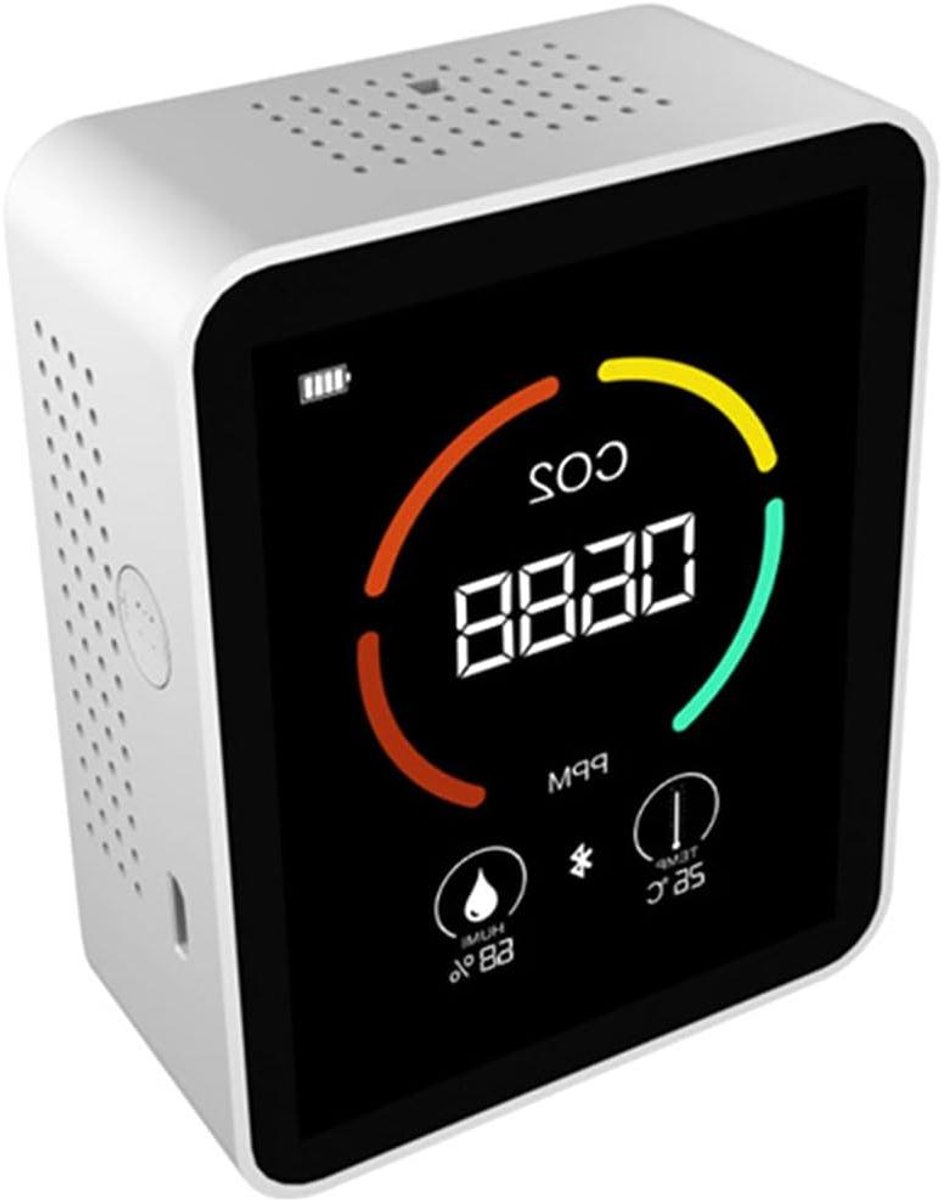 Luchtkwaliteitsmelder - CO2 meter Kooldioxide monitor - Gezondheid Bewaken - Kleurenscherm Alarm - 89x70x35mm - Wit