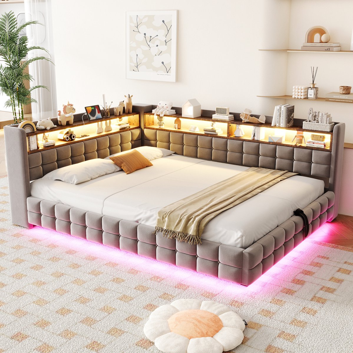 MIVRAY Slaapbank 140x200 cm - Zonder Matras Met Hydraulische Opbergruimte En LED Verlichting - Met USB En Type C - Stof - Lichtgrijs