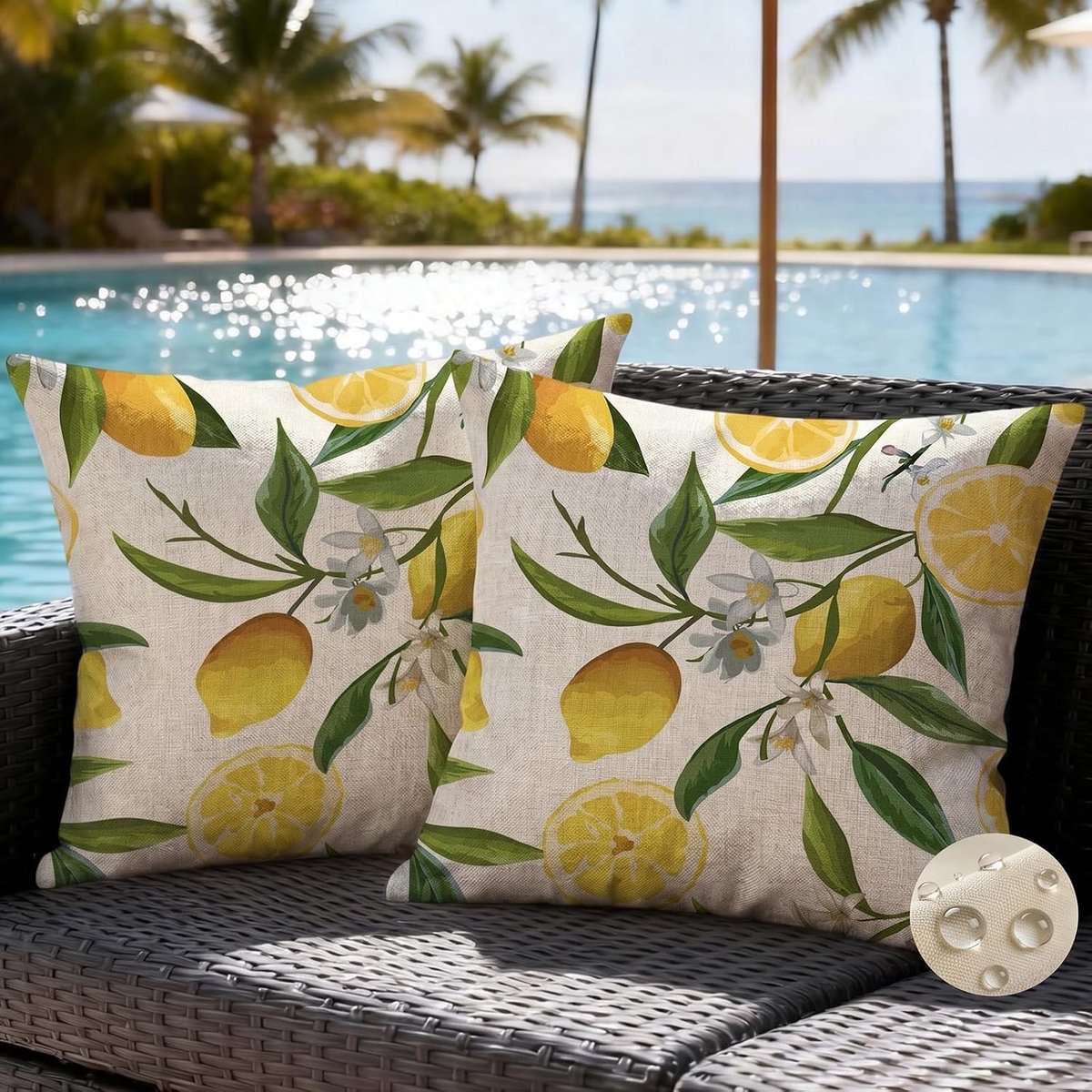 Decoratieve Kussenhoezen 45 x 45 cm met Citroenblad Motief - Waterdicht en Weerbestendig voor Tuin, Balkon en Woonkamer - Set van 2 Kussens voor Binnen en Buiten