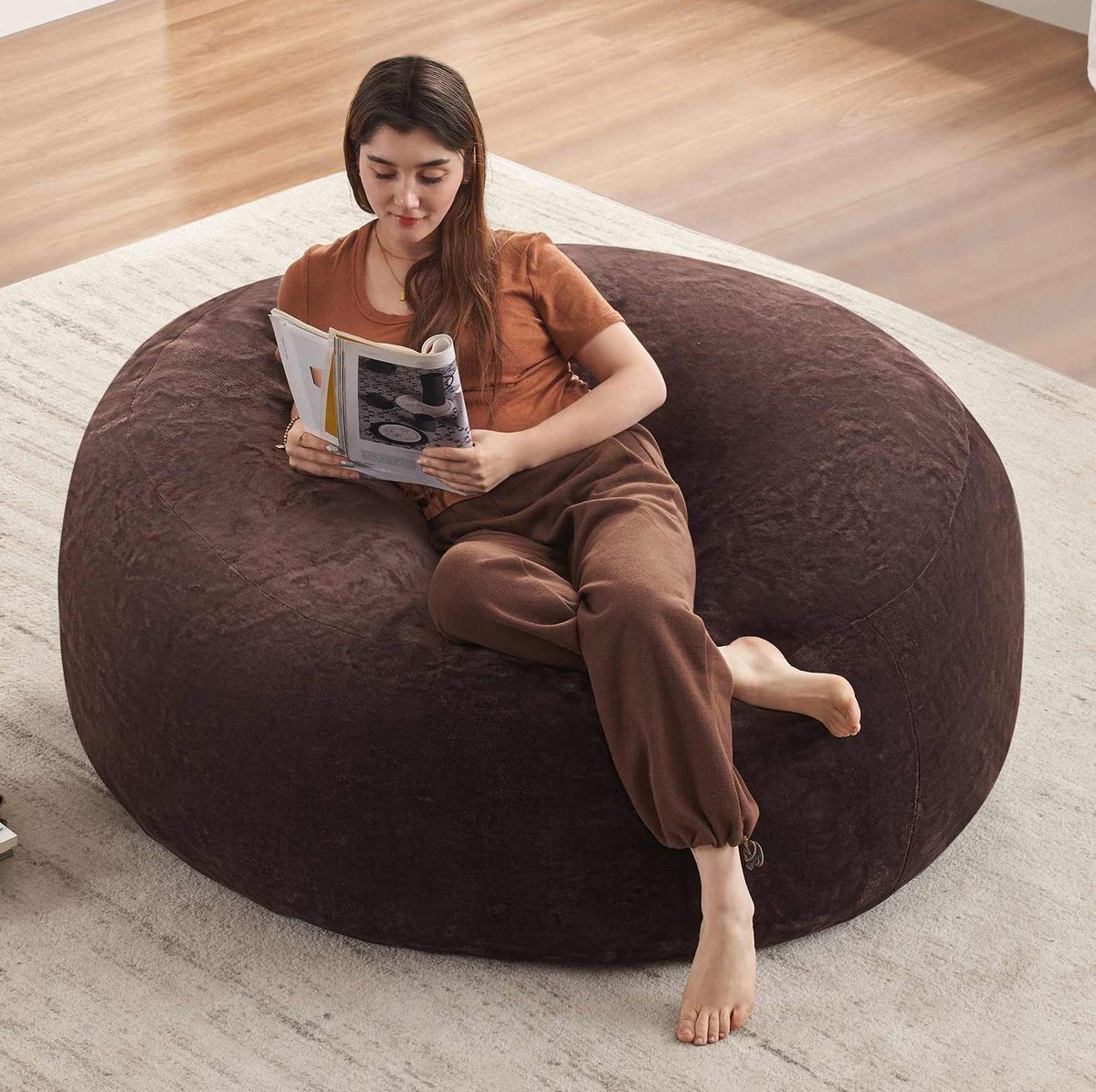 COVREO Zitzak 120 x 120 x 60 cm bruin, fluweel, loungestoel voor volwassenen