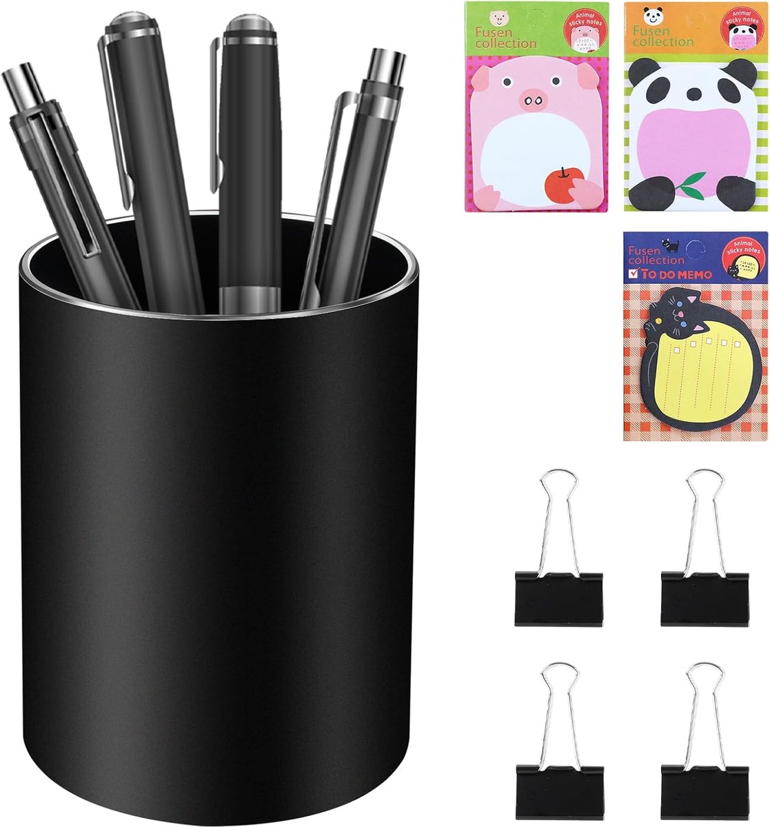 SnelShoppen - Stijlvolle Metalen Pennenhouder, Zwart Bureau Organizer met Potlooddoos, Inclusief 3 Stickerboeken + 4 Klemmen, Perfect voor Kantoor, Sc