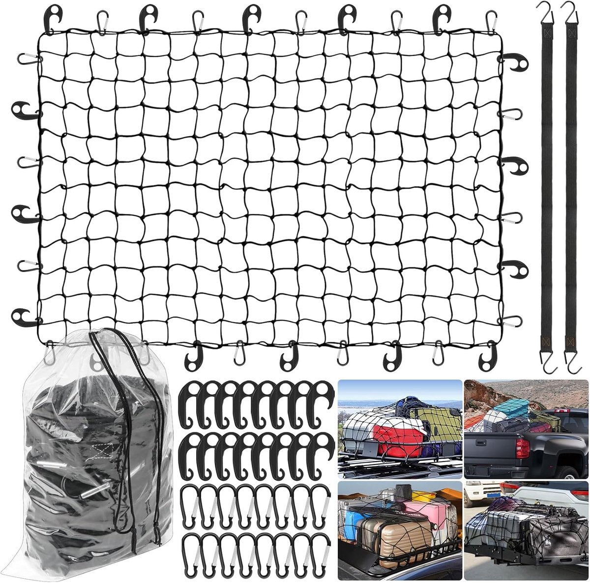 SnelShoppen - Aanhangernet 180 x 120 cm, Rekbaar tot 360 x 240 cm, Bagagenet met Haak en Opbergzak, Laadbeveiligingsnet voor ATV's, SUV's, Vrachtwagen