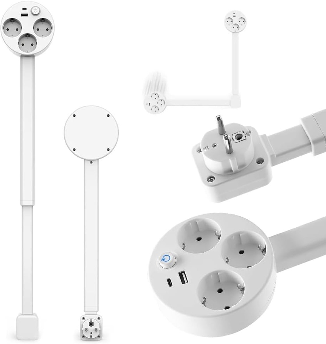 SnelShoppen - Stekkerverlengstuk met Uittrekbare Verlengstang (47-67 cm), 360° Draaibaar, 3-voudig Stopcontact, 1 USB-A en 1 USB-C, Ideaal voor Thuis,