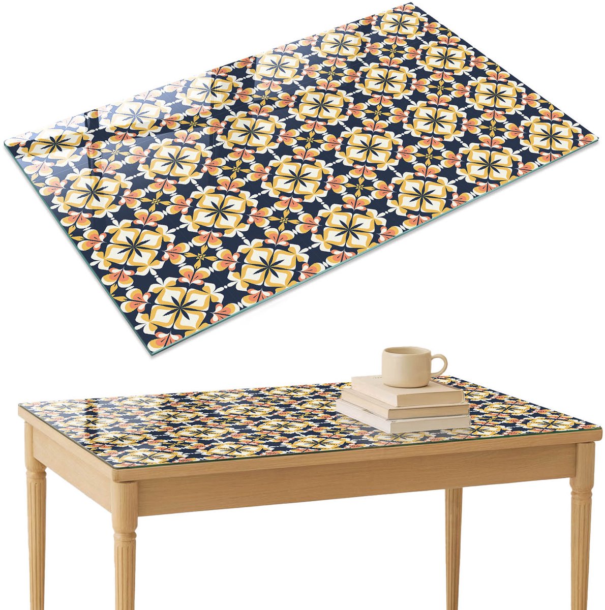 ArtPrintCave Bloemsymmetrie Glazen Tafelblad 120x80 cm - Tafelblad Rechthoek - Geel Keukentafel - Achtergronden en patronen Glazen Eettafel