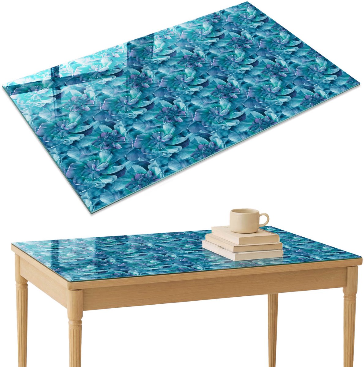 ArtPrintCave Bloemenmozaïek Glazen Tafelblad 120x80 cm - Tafelblad Rechthoek - Blauw Tafelblad Glas - Bloemen en planten Terrastafel