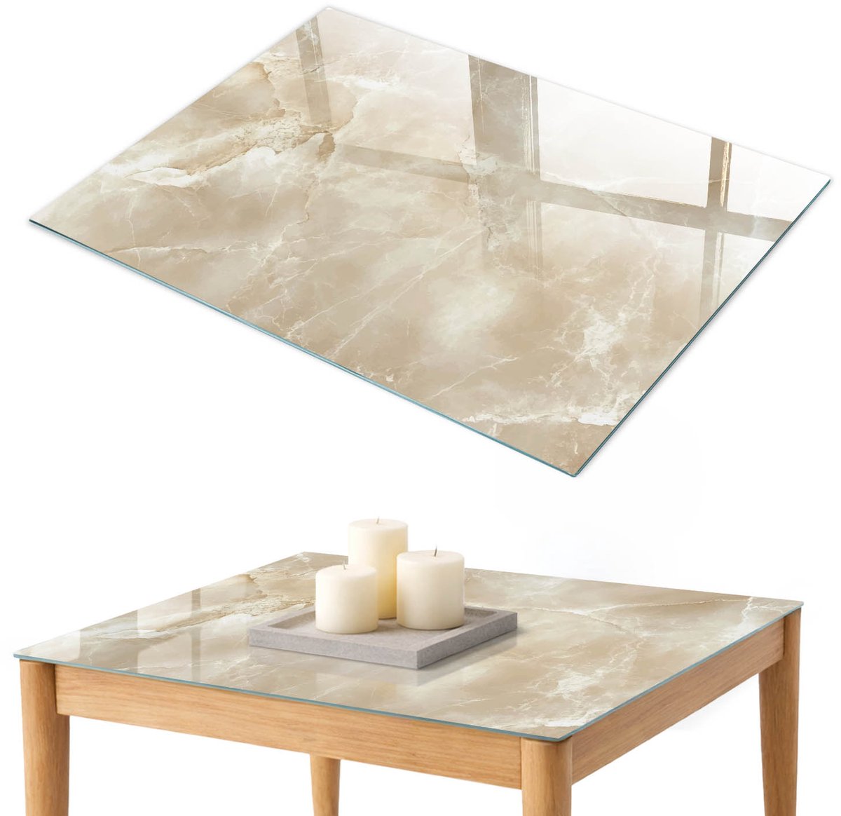 ArtPrintCave Crème marmer Glazen Tafelblad 100x70 cm - Tafelblad Rechthoek - Romig Bureaublad - Texturen Keukentafel