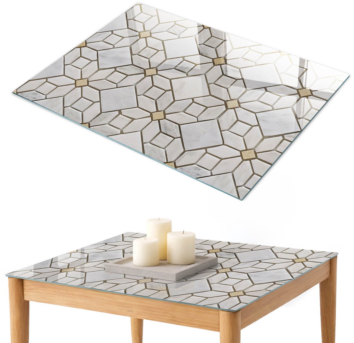 ArtPrintCave Elegant mozaïek Glazen Tafelblad 100x70 cm - Tafelblad Rechthoek - Wit Glazen Eettafel - Geometrie Keukentafel
