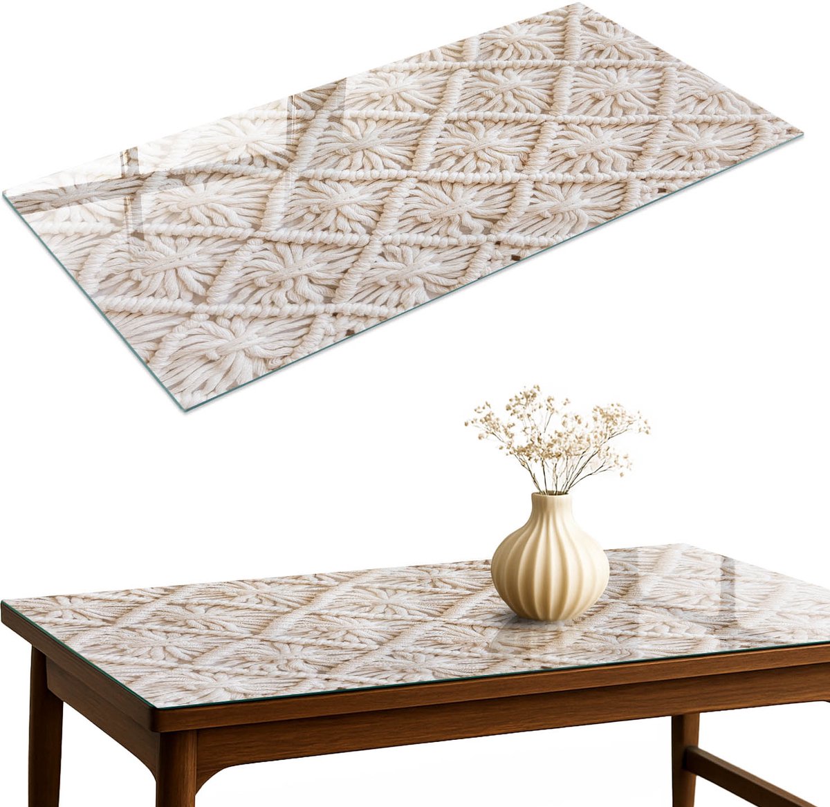 ArtPrintCave Macramépatroon Glazen Tafelblad 120x60 cm - Tafelblad Rechthoek - Romig Eettafel Met Glasplaat - Texturen Tafelblad Glas