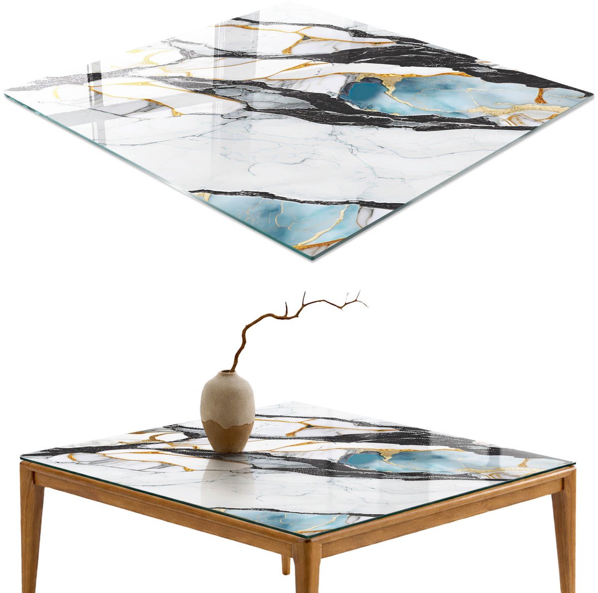 ArtPrintCave Luxueus marmer Glazen Tafelblad - 50x50 cm - Tafelblad Vierkanten - Zwart Tafelblad Glas - Abstractie Bureaublad