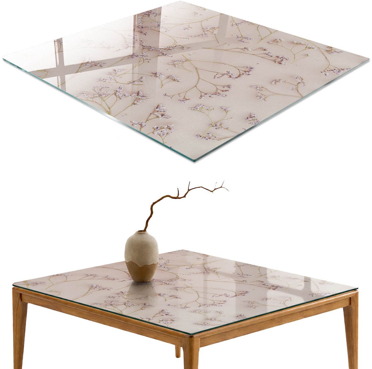 ArtPrintCave Bloemenpatroon Glazen Tafelblad - 50x50 cm - Tafelblad Vierkanten - Romig Keukentafel - Bloemen en planten Keukentafel