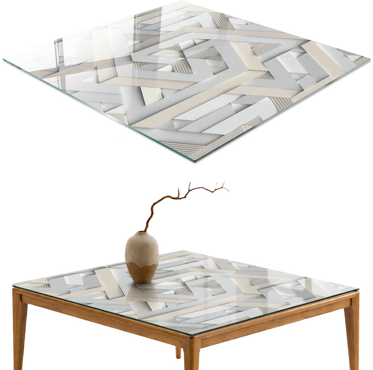 ArtPrintCave Geometrische illusie Glazen Tafelblad 60x60 cm - Tafelblad Rechthoek - Grijs Glazen Eettafel - Geometrie Keukentafel