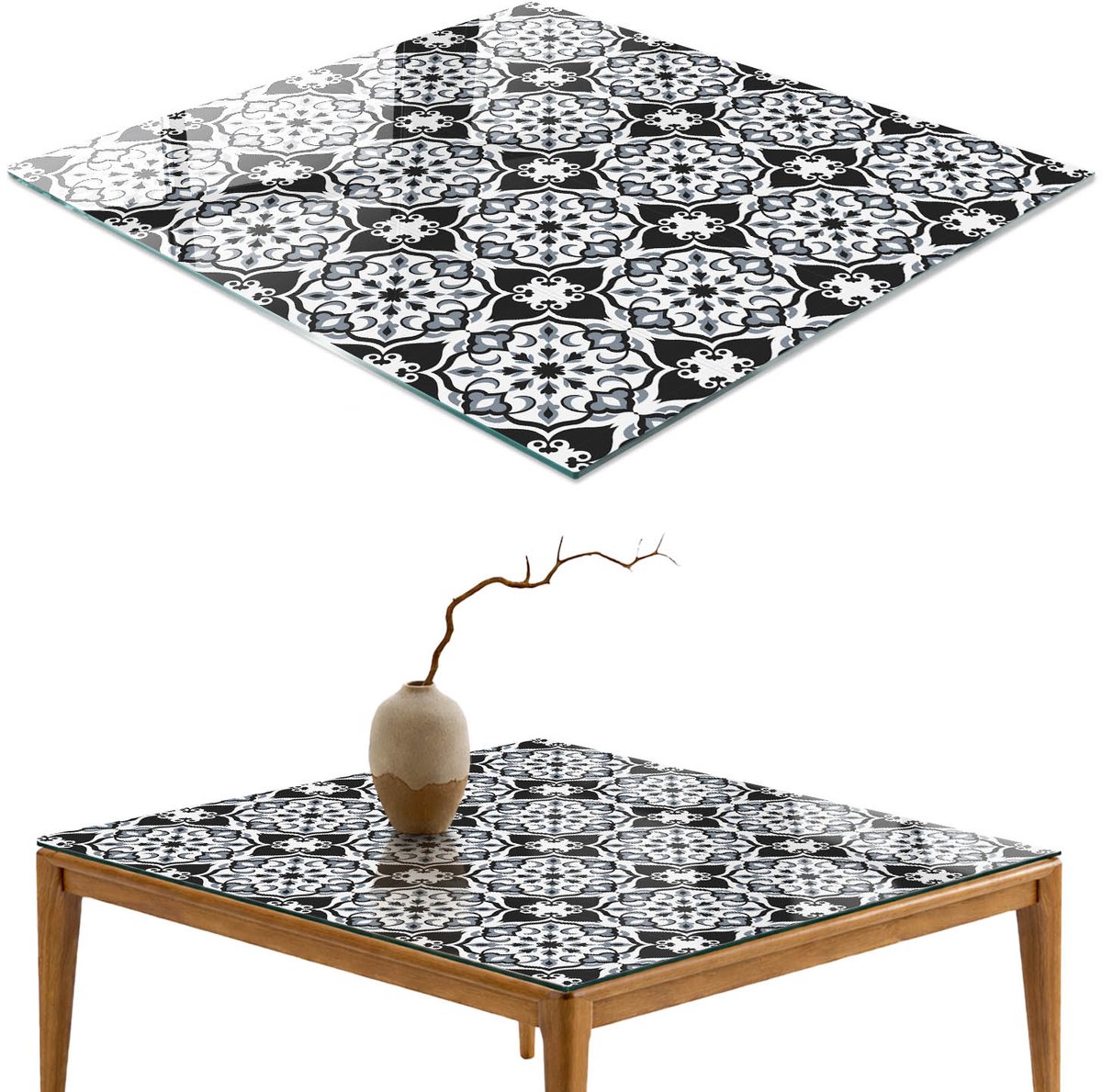 ArtPrintCave Zwart-wit symmetrie Glazen Tafelblad - 50x50 cm - Tafelblad Vierkanten - Zwart Glasplaat - Achtergronden en patronen Keukentafel