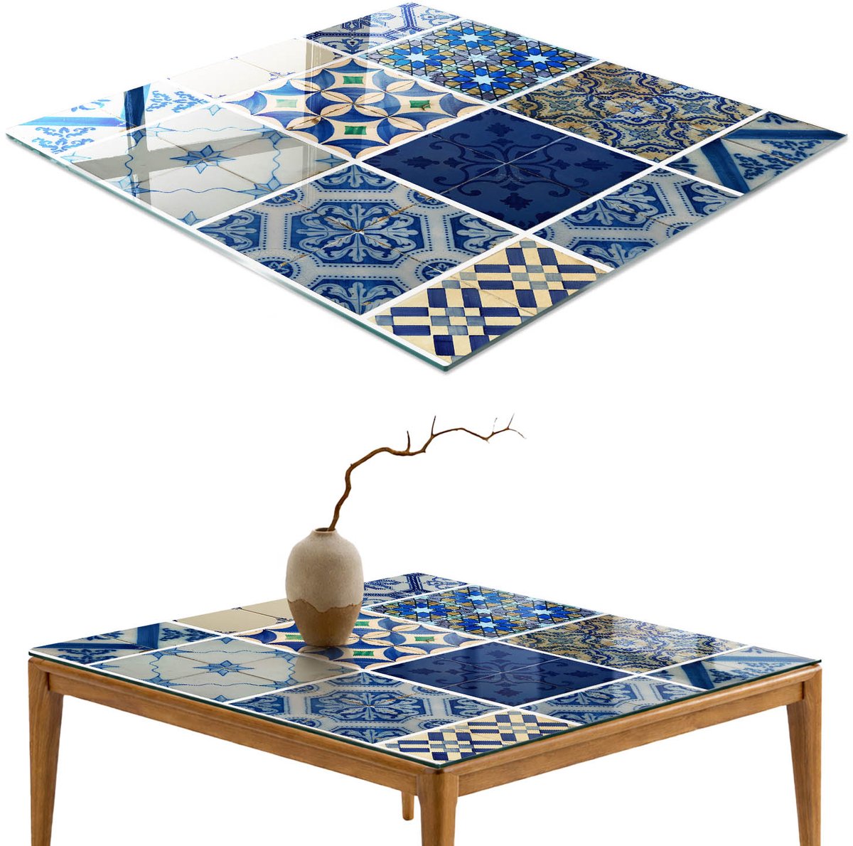 ArtPrintCave Mediterrane patronen Glazen Tafelblad 60x60 cm - Tafelblad Rechthoek - Blauw Eettafel Met Glasplaat - Achtergronden en patronen Tafelblad Glas