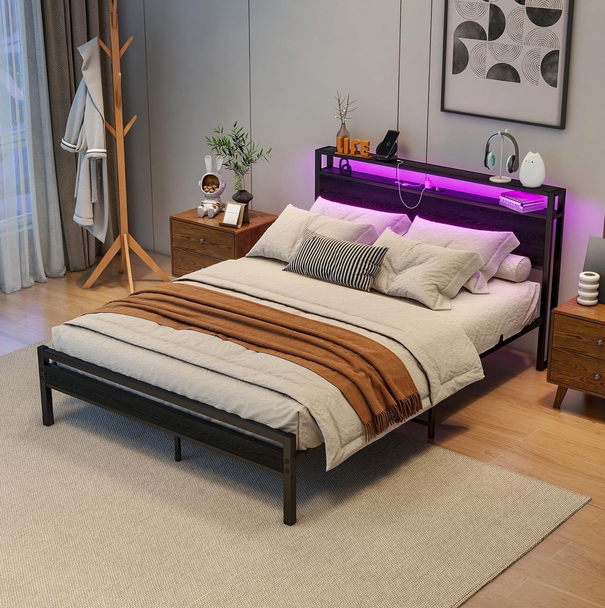 FloraGrace Bed 140x200 cm - Met Opbergruimte, LED Verlichting En USB Oplaadfunctie - Met Hoofdbordvak - Metaal En MDF - Zwart - Zonder Matras