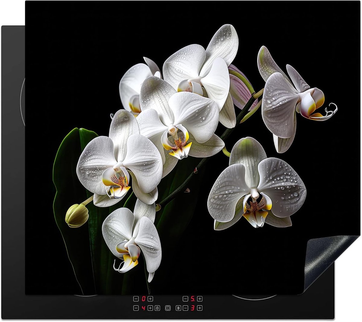 SnelShoppen - Inductie Beschermer 59x52cm - Keuken Decoratie - Kookplaat Beschermer - Antislip Mat - Orchideeën - Bloemen - Wit - Natuur - Zwart