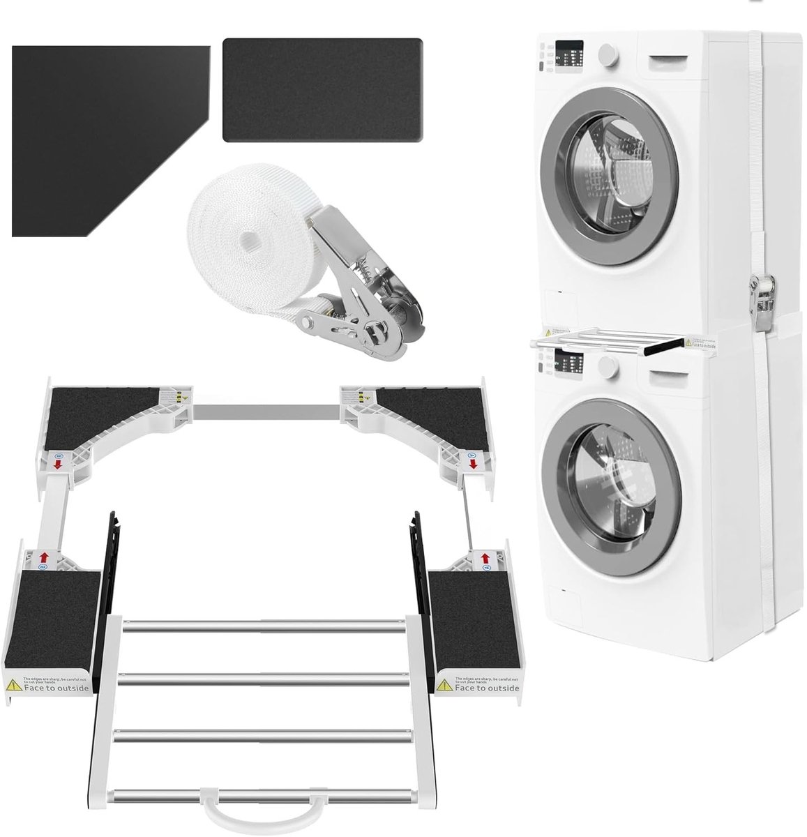 Universeel tussenframe voor wasmachine en droger, verstelbaar van 46-72 cm, met veiligheidssnoer en uittrekbare plaat