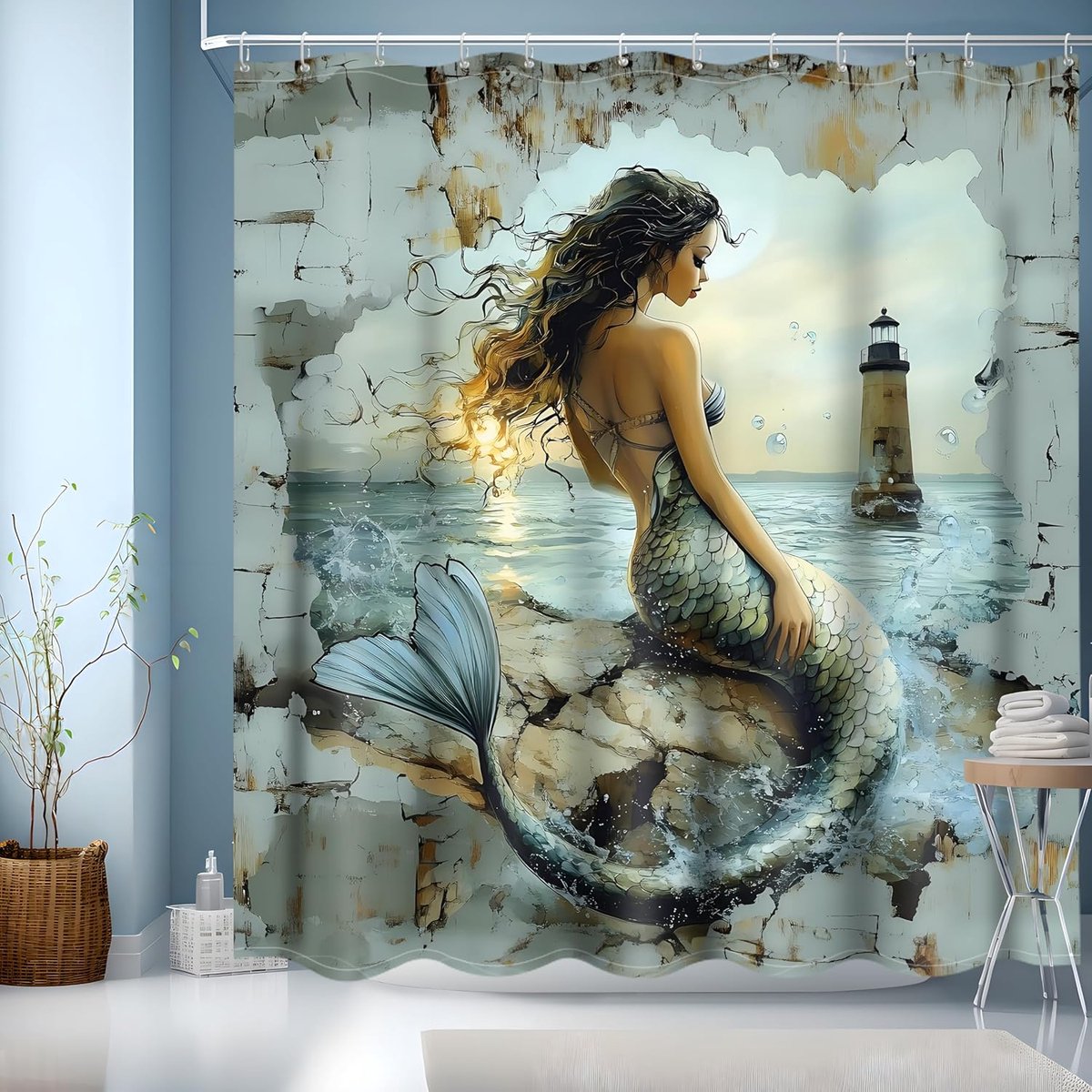 SnelShoppen - Zeemeermin Douchgordijn, Nautisch Badgordijn, Wasbaar Polyester, Retro Geprint Badkamer Gordijn met 12 Haakjes voor Badkamer/Wetruimte/K