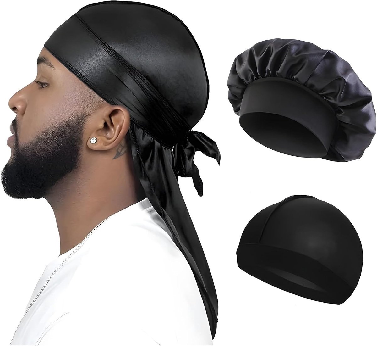 Set van 3 durags + 3 mutsen - zwart | ideaal voor golven, vlechten en lokken | premium satijnen zijde voor mannen en vrouwen | tulband | ultrazacht tegen haarbreuk |
