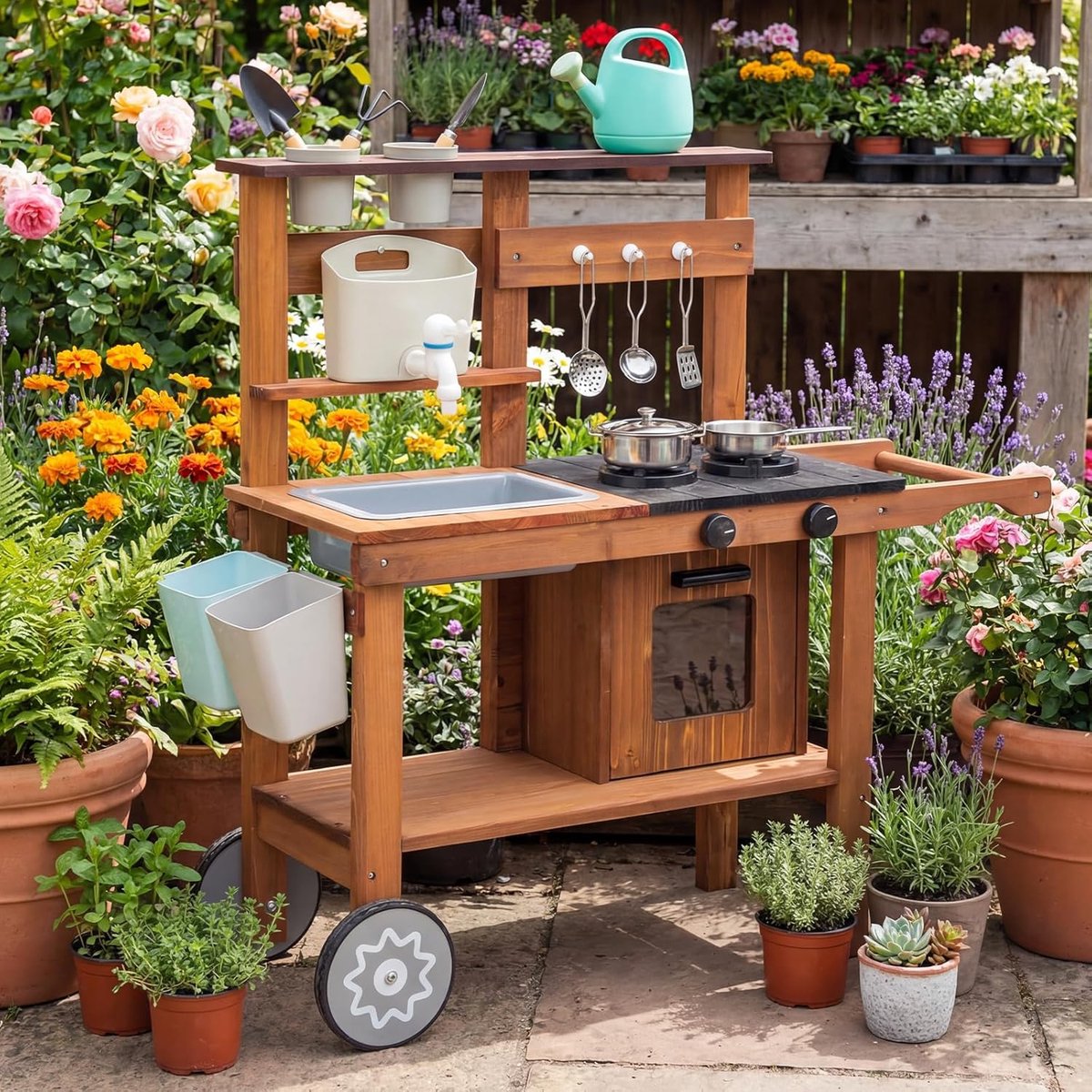 Speelwerkstation voor buiten Speeltuin Keuken Speeltuin Keuken Modderkeuken voor kinderen buiten met wielen, waterkoker, wastafel, plantenbak van hout