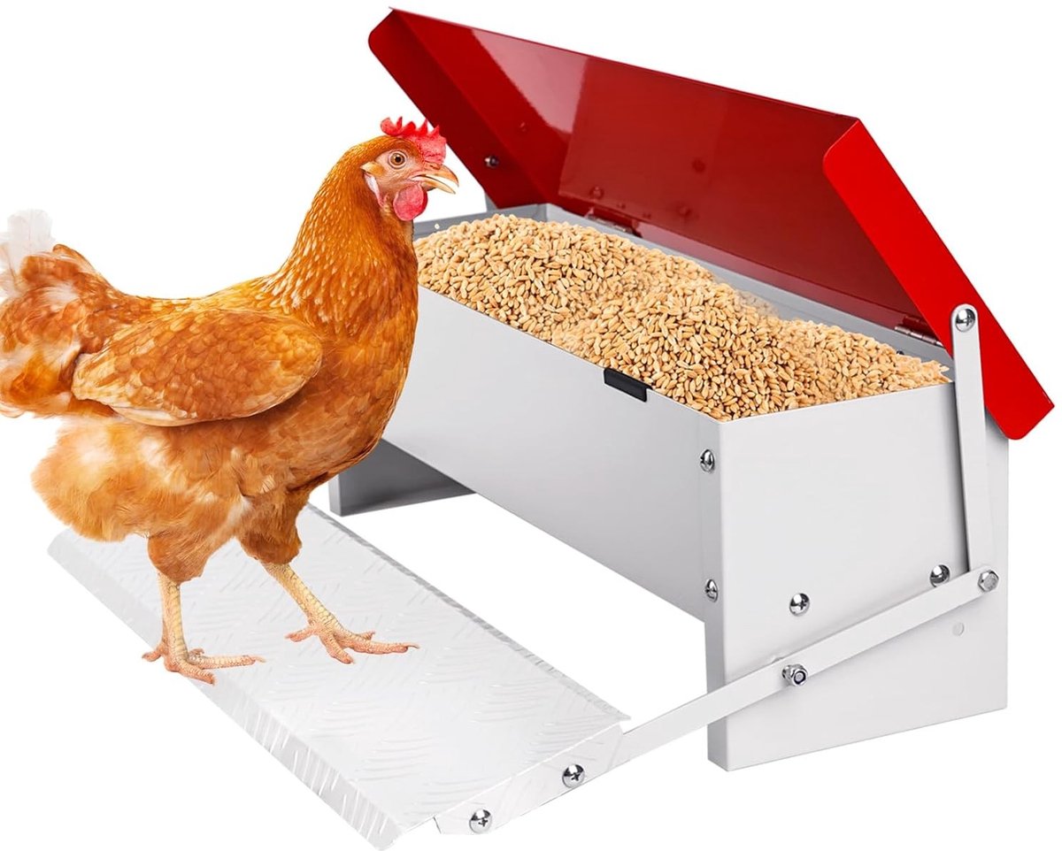 Automatische Kippenvoer Dispenser - 7 kg Capaciteit, Treadle Voeder voor Buiten, Roestvrij Staal, Ideaal voor Gevogelte en Eenden