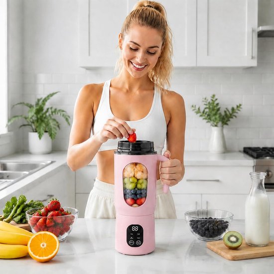 Draagbare blender, 550 ml, kleine blender met handvat, smoothie maker, USB oplaadbare draagbare blender voor kantoor, camping, sportschool en reizen, roze — afbeelding 3
